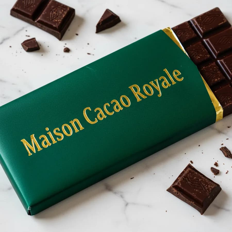 La tablette signature de la Maison Cacao Royale, emballage vert émeraude à l'or fin