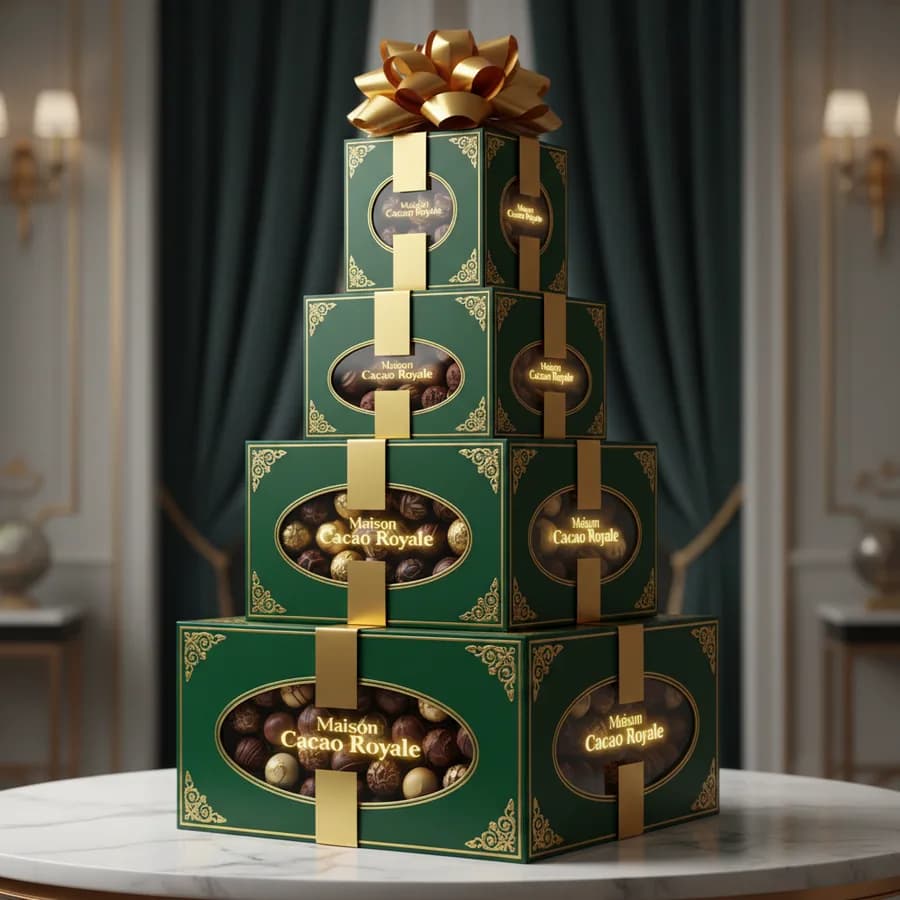La Tour de la Maison Cacao Royale sculptée en chocolat, couronnée de dorures